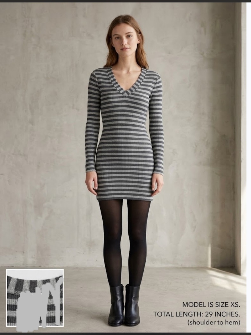 VENUS Gray Striped V-Neck Knit Mini Sweater Dress with gold lurex thread